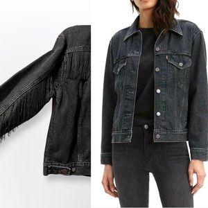 Levi’s Ex-Boyfriend Fringe Denim Trucker Jacket Faded Black Women's Plus Size L